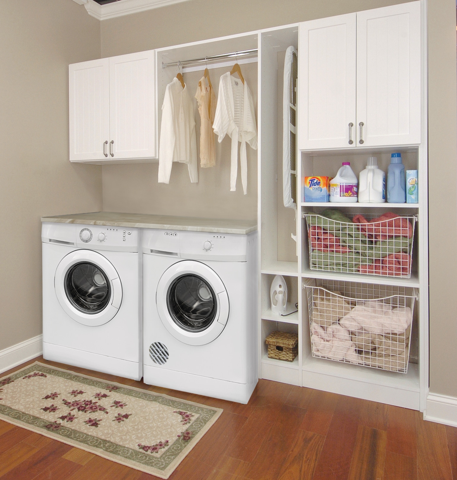 LAUNDRY ORGANIZATION SYSTEM WITH UPPER CABINETS, HANGING ...