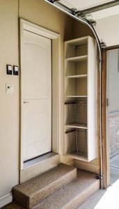 WHITE GARAGE SHELVES WITH WIRE BASKETS